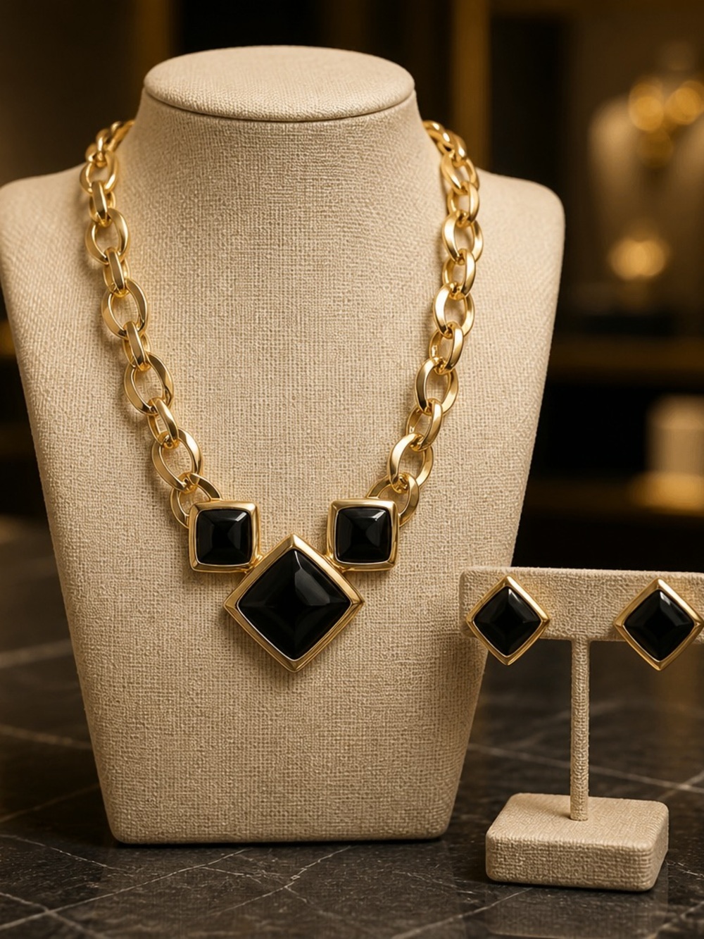 Gold Chain Necklace and Earring Set with Black Stones - Women Jewelry